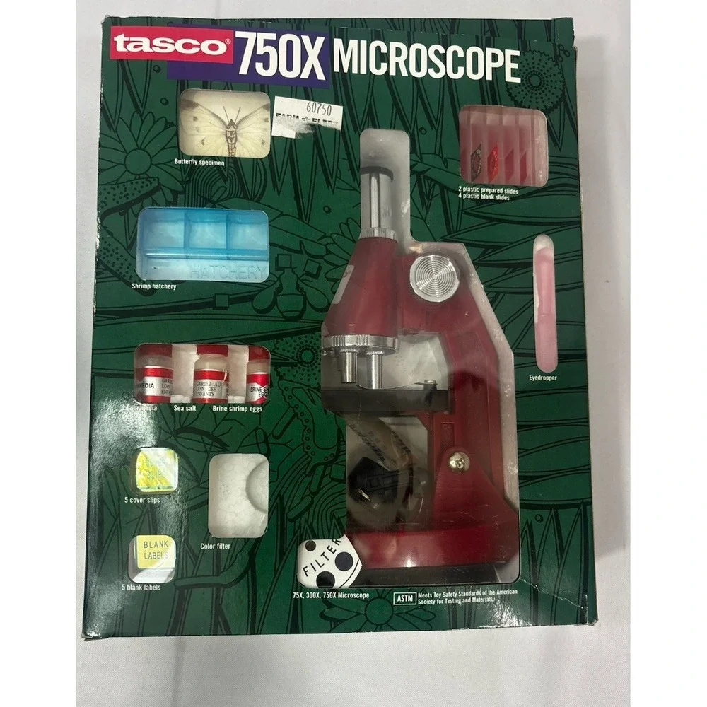1990 Tasco Vintage Microscope 750x -butterfly Specimen, Shrimp Hatchery, Slides